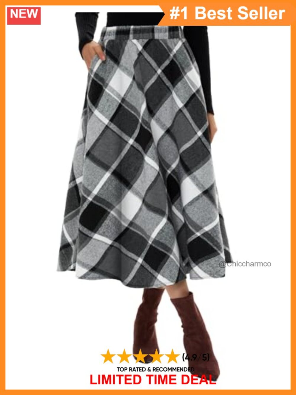 Wool Blend Long Plaid A-Line High Waisted Skirt with Pockets